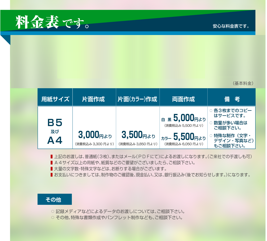 �������\�i��{�̗����\�ł��B�j�c���ލ쐬�̗����́A���[�Y�i�u���ȗ����Ƃ��A���q�l�ւ̗��֐�����ɍl���āA��Ƃ����Ē����܂��B���ލ쐬�̊�{�����ł��B �i��{�����F�ŕʁj���p���T�C�Y�F�a5�y�т`4���Жʁi������3���܂Łj�F3,000�~��聛�Жʁi�J���[��3���܂Łj�F3,500�~��聛���ʁi3���܂Łj�F���@�� 5,000�~���A�J���[ 5,500�~��聛���l�F�� 4���ڈȍ~�́A�����������ς�v���܂��B�� ����Ȑ��앨�i�����E�f�U�C���E�ʐ^�Ȃǁj�͕ʓr�����ς�v���܂��B�� ��L�̂��n���́A���ʎ��i3���j�A�܂��̓��[���i�o�c�e�ɂāj�ɂ�邨�n���ɂȂ�܂��B�i�����Ђł̎�n�����j�� �`4�T�C�Y�ȏ�̗p����A�����Ȃǂ̂��v�]���������܂�����A�����k�������B�� ��ʂ̕������E���ꕶ���Ȃǂ́A���f�肷��ꍇ���������܂��B�� ���x�����ɂ��܂��ẮA���앨�̂��m�F��A���������A���́A��s�U���݁i��ł��m�点���܂��B�j�ɂȂ�܂��B�����̑��F�� �L�^���f�B�A�Ȃǂɂ��f�[�^�̂��n���ɂ��ẮA�����k�������B�� ���̑��A����ȏ��ލ쐬��p���t���b�g����Ȃǂ��A�����k�������B